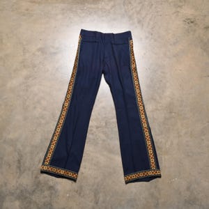 vintage 60s 70s flare leg pants bellbottom navy blue jacquard trim hippie boho men women unisex Tads NOS deadstock size 29 29x31