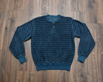 vintage 70s velour top teal blue gray stripe sweatshirt Henley pullover 1970 M/L men women unisex