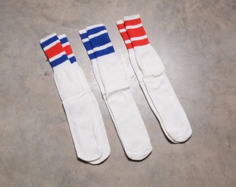 vintage 80s tube socks red white blue stripe 1980 athletic sport gym tennis roller derby rollerskate 20" NOS deadstock