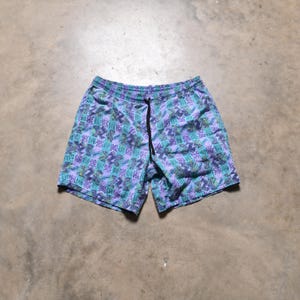 vintage 80s 90s board shorts 1980 1990 Athletic Works swim trunks gym workout purple teal abstract pattern 32-40 waist