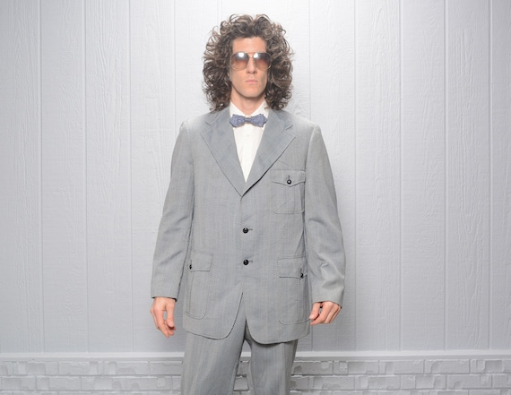 men vintage suit 70s herringbone belt back wide la