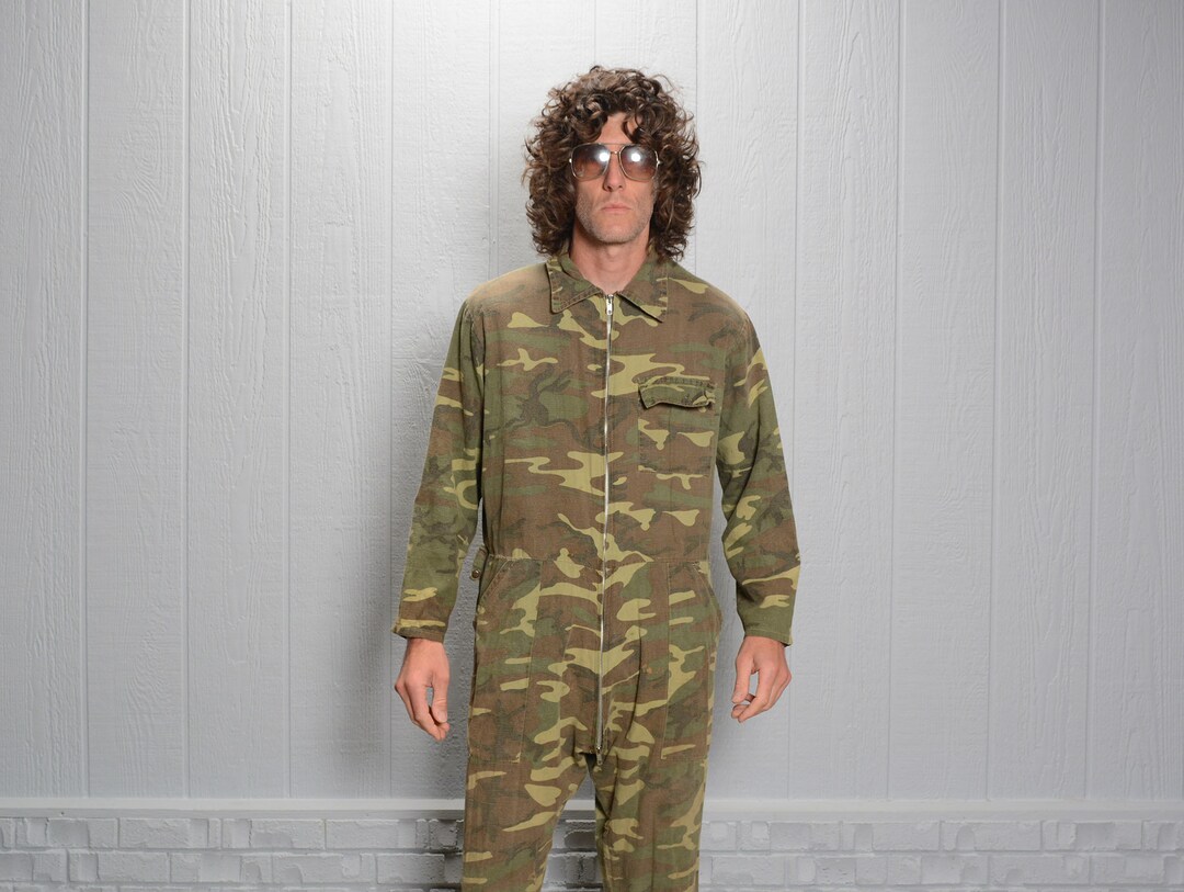 Vintage 70s Camouflage Coverall Hunting Workwear Camo Jumpsuit L/XL Men