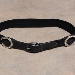 vintage Valentino belt black suede rhinestone horseshoe equestrian made in Italy 80s 90s women vtg accessory 27-29 waist size 75