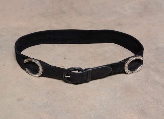 Vintage Valentino Belt Black Suede Rhinestone Horseshoe Equestrian