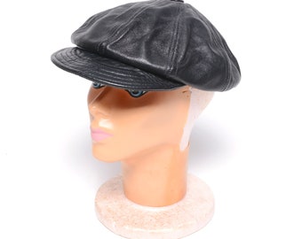 Vintage 80er 90er Jahre schwarze Ledermütze Zeitungsjunge Hut echtes Lammfell Männer Frauen unisex große L New York Hat Co.