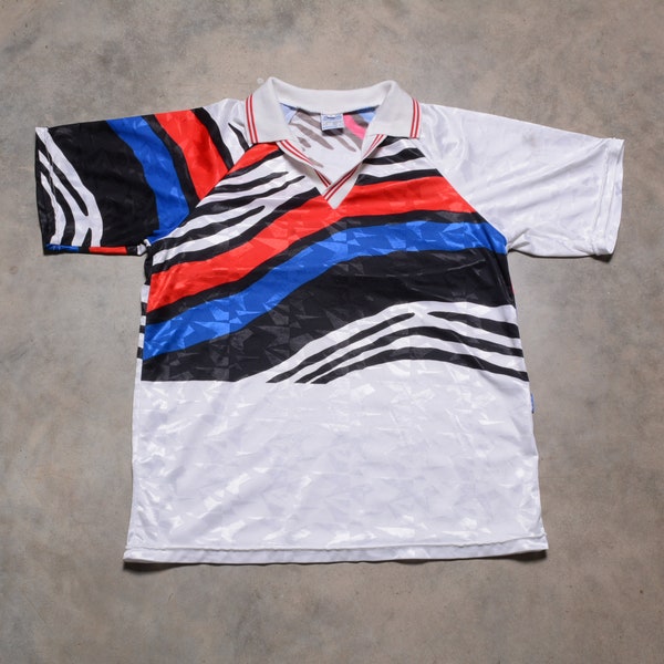 vintage 80s 90s soccer jersey sport athletic polo shirt red white blue zebra stripe D&D Sport Design men women unisex M/L