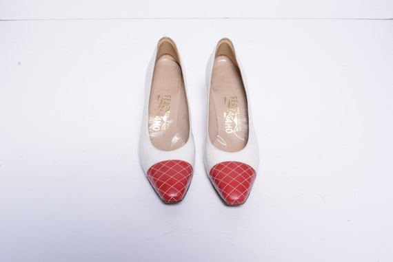 Vintage 80s Ferragamo Shoes White Red Leather Quilted Toe