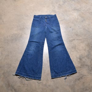 vintage 60s bellbottom jeans soft distressed denim flare hippie boho pants navy sailor 30 low rise button fly