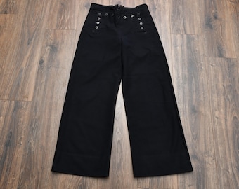 Pantalones de marinero vintage de los años 40, estilo crackerjack, azul marino, con peto delantero, de pierna ancha, estilo acampanado, de lana, talla 31-33 de cintura.