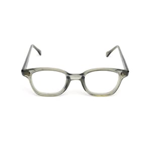May include: A pair of gray eyeglasses with a rectangular frame and clear lenses. The glasses have a classic design with a keyhole bridge and temples that curve over the ears. The frame is a translucent gray color.