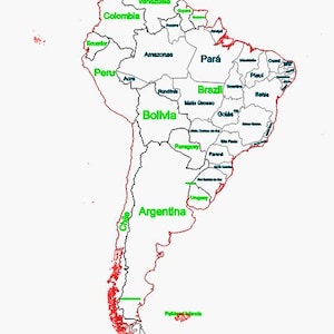 Peut inclure: Carte détaillée de l'Amérique du Sud, avec les frontières des pays en noir et rouge. Les noms des pays, comme le Brésil et l'Argentine, sont en vert. Le fond est blanc.