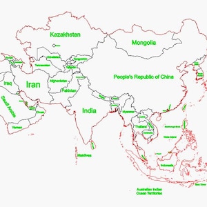 May include: A detailed outline map of Asia, with countries labelled in green text. The map is primarily red and black, with country borders and names clearly visible. Key countries like China, India, and Iran are prominently displayed.