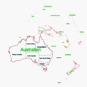 以下が含まれることがあります： オーストラリアと周辺の島の地図で、国の上に緑色の「Australien」という文字があります。 地図はオーストラリアの州を赤色で示し、州名は黒色で示されています。 その他の島は緑色でラベル付けされています。