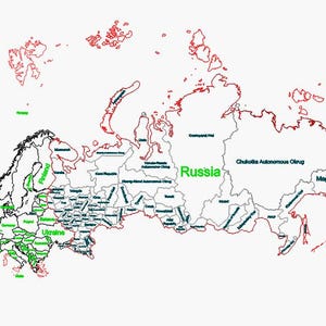 May include: A detailed map of Europe and Russia, with country borders outlined in black and red. Countries are highlighted in green. The word "Russia" is labeled in green. The map is on a white background.