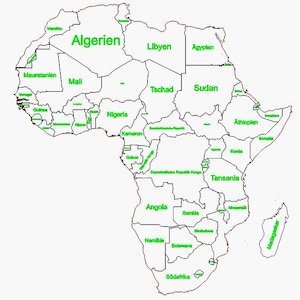 Puede incluir: Un mapa detallado del continente africano, con los límites de los países en negro. Los nombres de los países están escritos en verde, como Argelia, Nigeria y Tanzania. El fondo es blanco.