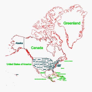 May include: A detailed map of North America, including the United States, Canada, and Greenland, with state and country names labeled in green. The map's borders are outlined in red, with a white background.