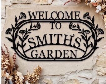 Targa personalizzata per il giardino con nome, targa di benvenuto in metallo personalizzata, decorazione da giardino per lei, regalo personalizzato per esterni