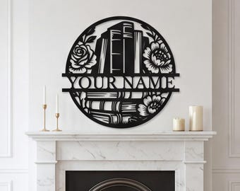 Personalized Library Metal Sign, Custom Bookshelf Name Plaque, Reading Room Wall Decor