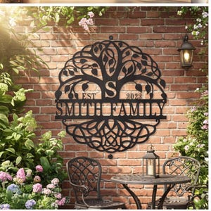Puede incluir: Letrero de nombre familiar de metal negro con un diseño de árbol de la vida. El letrero incluye el nombre de la familia "SMITH FAMILY", la inicial "S" y el año "2023". Está montado en una pared de ladrillo, con muebles de exterior en primer plano.