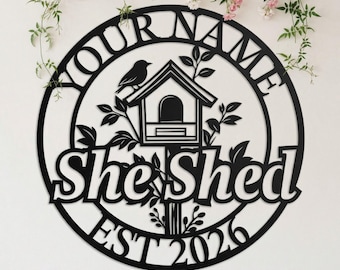 Metalowa sztuka ścienna, szyld „She Shed”, dekoracja ogrodu, sztuka ścienna na zewnątrz, metalowy szyld, dekoracja budki dla ptaków, sztuka ogrodowa, dekoracja patio, rustykalna dekoracja ścienna