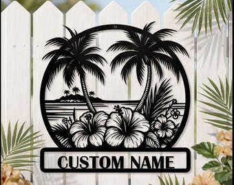 Targa in metallo personalizzata con palma, decorazione per casa al mare in stile tropicale, decorazione murale personalizzata con nome di famiglia, regalo unico per l'inaugurazione di una nuova casa per gli amanti del mare.