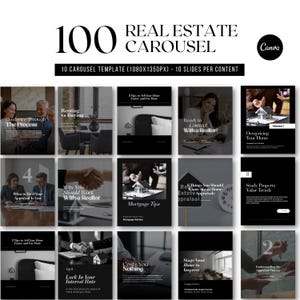 May include: A digital template set titled 100 Real Estate Carousel featuring 10 slides per content with dimensions of 1080x1350px. The collection includes various black and white layouts with text overlays, photography of homes, and real estate themes.
