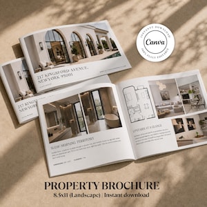 Peut inclure: Un modèle de brochure immobilière au format paysage présentant des photographies d'intérieur et d'extérieur, des plans d'étage et du texte. La couverture montre une maison avec des fenêtres en arc et l'adresse 217 Kingsford Avenue, Newyork 95001.