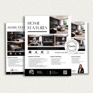 Peut inclure: Un modèle de flyer immobilier intitulé HOME FEATURES avec du texte noir et blanc, présentant des photos intérieures d'un salon, d'une chambre et d'une cuisine. Il inclut des sections pour les caractéristiques, les rénovations et les contacts.