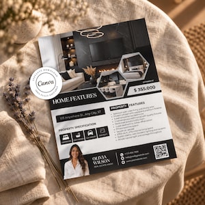 May include: A real estate flyer template featuring a black and white color scheme, showcasing interior home photos, property specifications, a list of home features, a price of $355,000, a QR code, and a placeholder for an agent's photo and contact details.