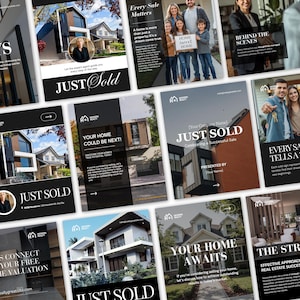 May include: A collection of real estate marketing flyers featuring various residential house exteriors, modern architectural designs, and text overlays including Just Sold, Your Home Could Be Next, and Your Home Awaits, presented in a grid layout.