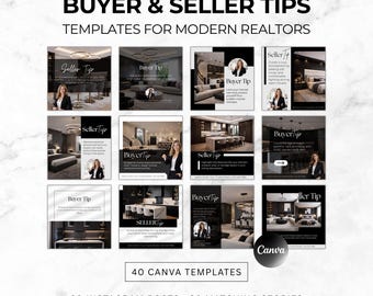 Real Estate Buyer and Seller Tips Canva Templates | Realtor Social Media Post Bundle | Editable Marketing Templates for Agents