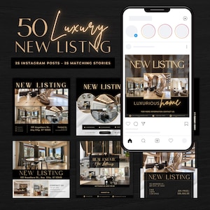 Luxury Realtor New Listing Canva Templates | 50 Editable Real Estate Social Media Posts | Modern Black & Gold Realtor Marketing Kit