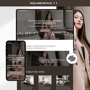May include: A digital display of a Squarespace 7.1 website template for a real estate agent named Olivia Wilson. The layout features a beige blazer, professional photography, and text including Elevate Your Living, Premier Luxury Real Estate.