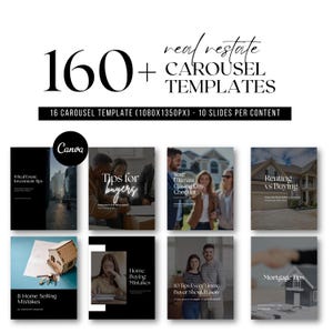 Op de afbeelding: Een digitale collectie van 160+ vastgoed carrousel sjablonen voor sociale media, bestaande uit 16 sets van 10 dia's per stuk. De sjablonen bevatten tekstoverlays zoals 8 Real Estate Investment Tips, Tips for buyers en Home Buying Mistakes.