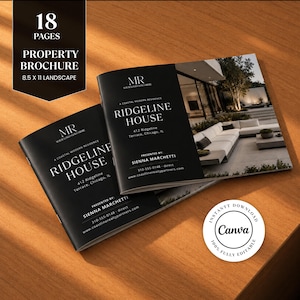 Peut inclure: Une brochure immobilière paysage de 18 pages au format 8,5 x 11 pouces. La couverture noire présente le texte Ridgeline House, une résidence moderne côtière, et les coordonnées de Sienna Marchetti. Inclut un badge de téléchargement Canva.