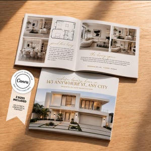 Peut inclure: Un modèle de brochure immobilière présentant une maison blanche moderne sur la couverture avec le texte 143 ANYWHERE ST, ANY CITY. Les pages ouvertes affichent des photos intérieures, un plan d'étage et du texte descriptif, avec une étiquette Canva.