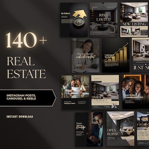 Pode incluir: Uma coleção de mais de 140 posts, carrosséis e reels do Instagram para imobiliário. O design apresenta um fundo escuro com texto e gráficos dourados e brancos. As palavras "Just Listed", "New Listing" e "Open House" são visíveis.