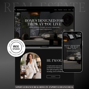 May include: A digital website template for a real estate agency displayed on a laptop and smartphone screen. The design features a dark color palette, serif typography, and a circular Wix Studio badge with the text Fast Transfer Guarantee.