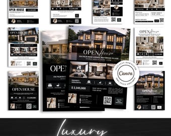 May include: A collection of twenty digital open house real estate flyer templates featuring black and white layouts, property photos, price tags of $2,345,000, contact details for Olivia Wilson, QR codes, and a Canva logo for instant editing and download.
