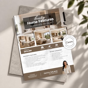 May include: A real estate flyer template titled Luxury Home Features 123 Anywhere St., Any City, ST. It displays interior photos of a kitchen, bedroom, and living area, property features, recent upgrades, and contact details for Olivia Wilson.