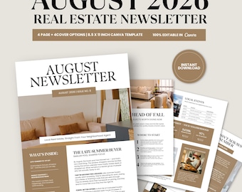 Real Estate Newsletter Template, Editable Canva Client Newsletter for Realtors | August 2026 Printable Market Update Flyer