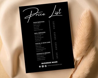 Salon Price List Template, Modern Black Design (Canva Download)