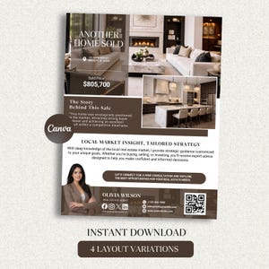May include: Real estate marketing flyer with the text "ANOTHER HOME SOLD" and "INSTANT DOWNLOAD". The flyer includes images of a home interior, a real estate agent, and contact information. The flyer has a neutral color palette.