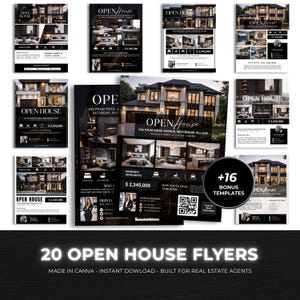 May include: A collection of 20 open house flyers in black and white, featuring images of luxury homes. The flyers include details like property highlights, price, and contact information. The text reads "Open House" and "256 Palm Ridge Avenue."