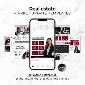 不動産市場最新情報Canvaテンプレート、Instagram投稿バンドル、不動産業者向けソーシャルメディアキット、編集可能な不動産マーケティングセット