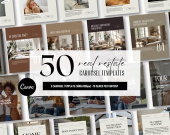 Real Estate Instagram Carousel Template Canva, Realtor Social Media Kit, 50 Editable Posts, Property Marketing Content Bundle for Agents