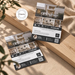 May include: Two identical real estate open house flyers featuring a modern home exterior and interior photos, the text OPEN HOUSE, a price of $2,345,000, property details for 256 Palm Ridge Avenue, and a QR code for more information.