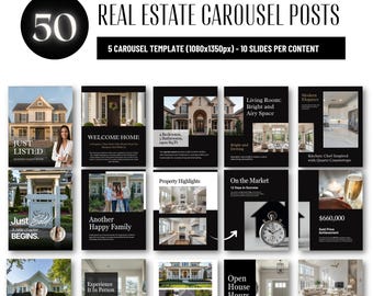Real Estate Carousel Templates Canva Editable Just Listed Open House Realtor Instagram Posts Listing Marketing Bundle 50 Slides Agent