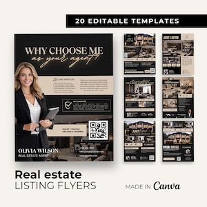 May include: A set of 20 editable real estate listing flyer templates featuring a black and beige color scheme. The main flyer displays a professional agent, the text WHY CHOOSE ME as your agent, core services, a QR code, and contact details.