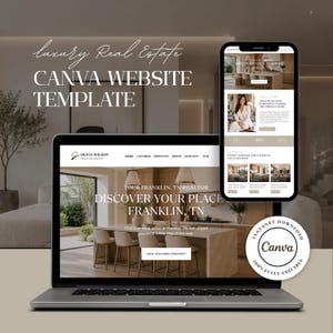 Puede incluir: Un ordenador portátil y un teléfono inteligente que muestran una plantilla de sitio web inmobiliario con el texto Luxury Real Estate CANVA WEBSITE TEMPLATE, Olivia Wilson Your Local Realtor y Discover Your Place Franklin, TN, con una insignia circular de Canva.